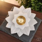White Marble Lotus Diya/Tea Light Holder with a Brass Bowl